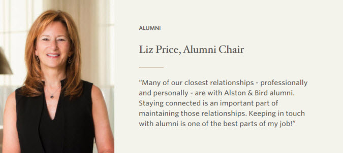 Alumni Chair Liz Price quote and photo