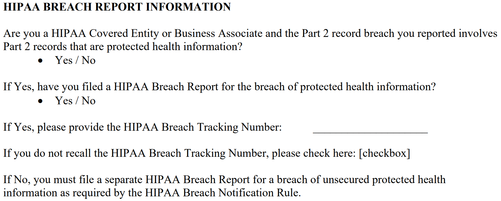 HIPAA Breach Report Information: Example with text from form.