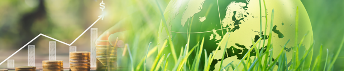 Money scale graph and globe in the grass