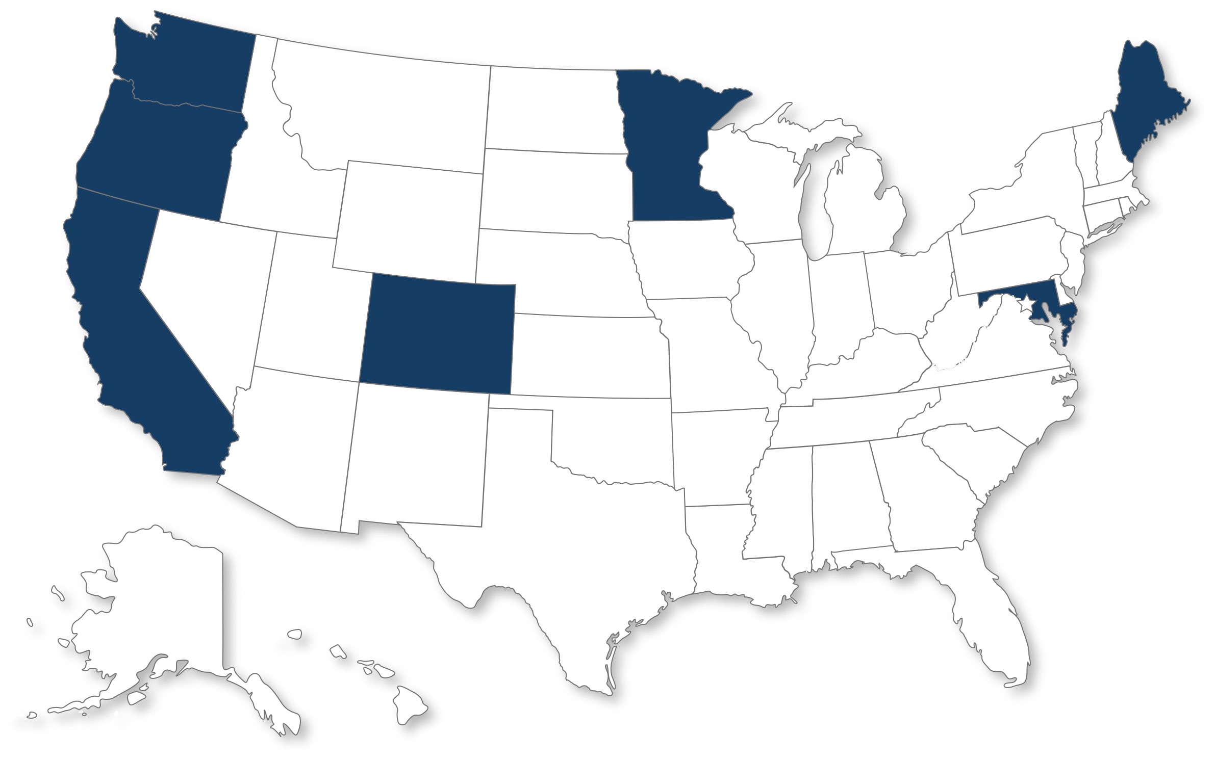 Map of the United States showing which states have an EPR program for packaging in place as of July 2026.