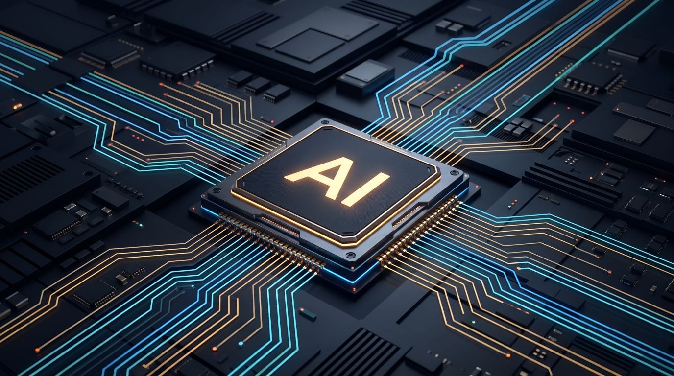 Computer chip labeled "AI" with blue and gold circuitry coming out from all sides.