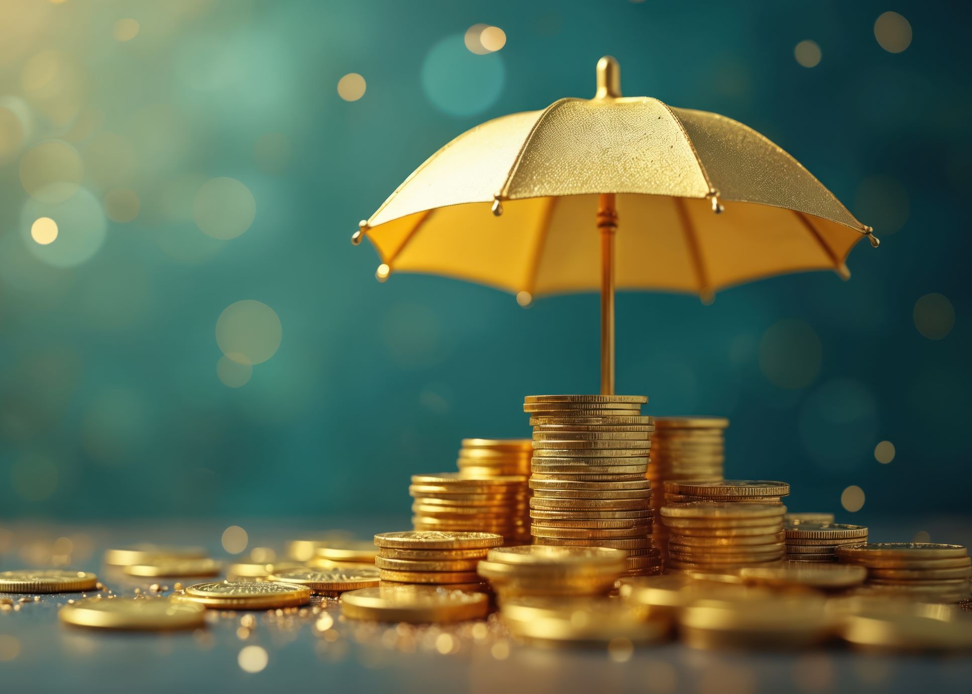 A golden umbrella open and covering a stack of gold coins to represent insurance, in front of a blue and gold blurred background